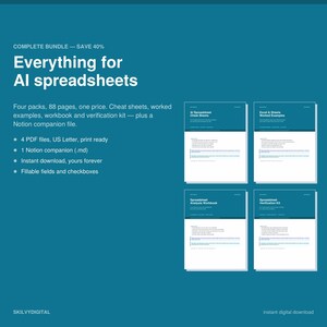 Könnte beinhalten: Ein digitales Paket mit dem Titel Everything for AI spreadsheets, bestehend aus vier PDF-Paketen mit insgesamt 88 Seiten. Enthält Spickzettel, Arbeitsbeispiele, ein Arbeitsbuch, ein Verifizierungs-Kit und eine Notion-Datei. Druckfertige Dateien.