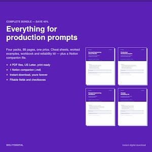 May include: A digital bundle featuring four documents titled Prompt Engineering Cheat Sheets, Production Worked Examples, Prompt Engineering Workbook, and Prompt Reliability Kit. The purple background displays text detailing 88 pages, 4 PDF files in US Letter size, and a Notion companion file with fillable fields.