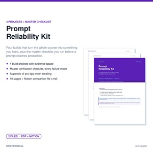 May include: A digital product titled Prompt Reliability Kit featuring 4 projects and a master checklist. The document includes 10 pages and a Notion companion file. The design uses a purple and white color scheme with clear text headers.