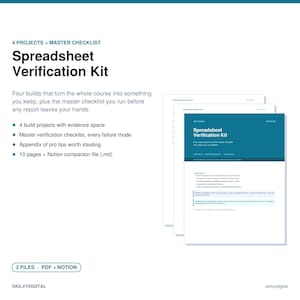 May include: A Spreadsheet Verification Kit document set featuring 4 projects and a master checklist. The white and teal pages include text detailing 4 build projects, a verification checklist, an appendix of pro tips, and a Notion companion file.