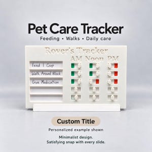Puede incluir: Un rastreador de cuidado de mascotas rectangular y blanco con el texto Rover's Tracker, AM, Noon y PM. Incluye tres filas de etiquetas: Feed 1 Cup, Walk Around Block y Give Medication, junto con deslizadores que muestran indicadores verdes o rojos.
