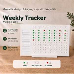 Puede incluir: Un tablero de seguimiento semanal rectangular blanco con botones deslizantes. El tablero presenta columnas etiquetadas M, T, W, T, F, S, S y filas para tareas. El texto incluye Weekly Tracker, Habit Tracker, Weekly Tasks, Weekly Chores, Done, Not Tracking, Not Done.