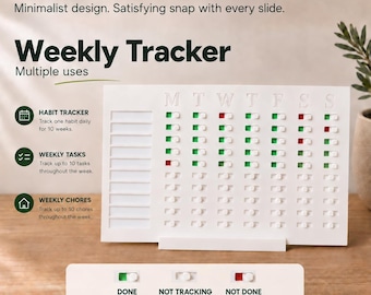 May include: A white rectangular weekly tracker board with sliding buttons. The board features columns labelled M, T, W, T, F, S, S and rows for tasks. Text includes Weekly Tracker, Habit Tracker, Weekly Tasks, Weekly Chores, Done, Not Tracking, and Not Done.