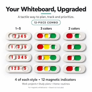 May include: A 12-piece set of white magnetic whiteboard indicators. The set includes three styles: one with sliding numbers 1-5, one with three colored circles in red, yellow, and green, and one with two colored circles in red and green.