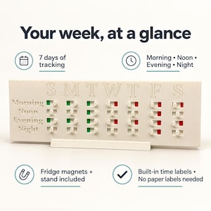 以下が含まれることがあります： Your week, at a glanceというテキストが書かれた白い長方形のトラッキングボード。曜日を示すS M T W T F Sの列と、Morning、Noon、Evening、Nightの行があります。各セルには緑または赤のインジケーターが付いたスライド式トグルが備わっています。