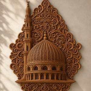 May include: A brown wooden wall plaque featuring an intricate relief carving of a mosque with a central dome and a tall minaret topped with a crescent moon. The structure is surrounded by elaborate floral scrollwork and the text SSCRTNCrafts.