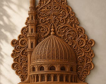 May include: A brown wooden wall plaque featuring an intricate relief carving of a mosque with a central dome and a tall minaret topped with a crescent moon. The structure is surrounded by elaborate floral scrollwork and the text SSCRTNCrafts.