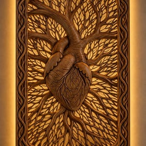 May include: A rectangular wooden wall art piece featuring a detailed anatomical heart carving at the centre, surrounded by intricate tree-like branches and roots that extend to the frame, illuminated by a warm golden backlight around the edges.