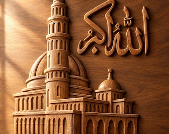 May include: A wooden wall art piece featuring a relief carving of a mosque with a tall minaret and a dome. The Arabic calligraphy for Allahu Akbar is carved into the wood grain surface above the architectural structure in a brown finish.