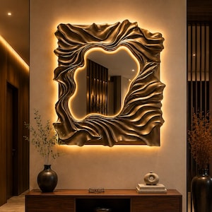 May include: A rectangular wall mirror featuring a bronze-toned frame with a textured, rippled, fabric-like surface. The mirror is illuminated from behind by a warm LED light strip that outlines the irregular, organic shape of the central glass.