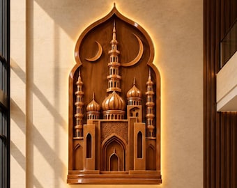 May include: A wooden wall art piece featuring a carved mosque silhouette with multiple domes and minarets, set within an arched frame. The design includes a crescent moon motif and is illuminated by a warm, glowing light border around the edges.