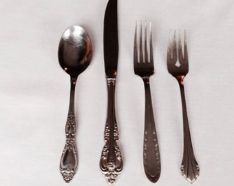 Vintage Mismatched Fancy Stainless Flatware Set Dinner for 12 52 pc silverware/ 4 piece place settings & serving utensils