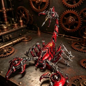 Può includere: Una figura di scorpione meccanico costruita con componenti metallici rossi e argentati. La creatura presenta zampe articolate, due grandi chele anteriori e una coda curva che termina con un pungiglione affilato, con intricati dettagli a ingranaggi.