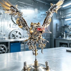 Może przedstawiać: Mechaniczna rzeźba orła wykonana ze srebrnych i złotych metalowych kół zębatych, trybów oraz skomplikowanych elementów zegarowych. Ptak posiada świecące na czerwono oczy, rozpostarte skrzydła z ostrymi metalowymi piórami oraz solidną podstawę.