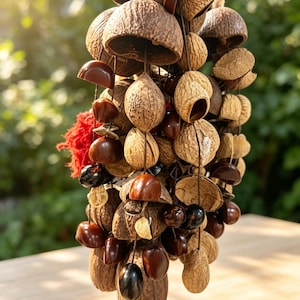 Può includere: Una giostrina sospesa composta da vari elementi naturali, tra cui metà di guscio di cocco marrone, gusci di noce testurizzati e semi marrone scuro lucidati. I componenti sono appesi a sottili fili scuri con un accento in lana rossa.