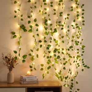 Peut inclure: Une décoration murale composée de multiples brins de feuilles de lierre artificielles vertes entrelacées avec de petites guirlandes lumineuses LED blanc chaud. Les vignes pendent verticalement, créant un effet de cascade de feuillage.