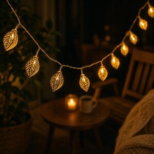 Puede incluir: Una guirnalda de luces decorativas con cubiertas metálicas en forma de hoja de color dorado. Cada hoja tiene un patrón de venas recortado que permite que la luz cálida de la bombilla interna brille a través, creando una iluminación suave.