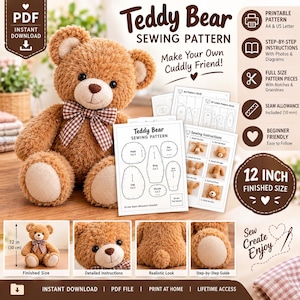 Puede incluir: Un patrón de costura digital para un oso de peluche de 30 cm, que presenta un oso de felpa marrón con una pajarita a cuadros marrones y blancos. El documento incluye piezas de patrón imprimibles, instrucciones paso a paso y diagramas.