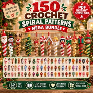 May include: A digital collection of 150 crochet spiral patterns featuring various holiday-themed ornaments like Santa, snowmen, reindeer, and candy canes. The bundle includes PDF instructions for creating these hanging decorations.