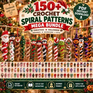 Peut inclure: Un ensemble numérique comprenant plus de 150 modèles de spirales au crochet pour des décorations de Noël et d'Halloween. L'image présente diverses figurines crochetées, dont le Père Noël, des bonhommes de neige, des rennes et des citrouilles.