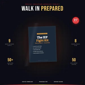 May include: A digital advocacy toolkit titled The IEP Fight Kit, featuring the text Walk In Prepared, 9 word-for-word scripts, 50+ questions by topic, 8 federal rights cited, and 50 state parent centers. The document is a printable PDF digital download.
