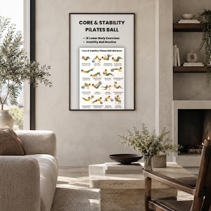 Könnte beinhalten: Ein gerahmtes Wandposter mit dem Titel Core & Stability Pilates Ball, das 16 Unterkörperübungen und eine Stabilitätsball-Routine zeigt. Das weiße Poster enthält schwarzen Text und kleine Illustrationen einer Person bei Fitnessübungen.