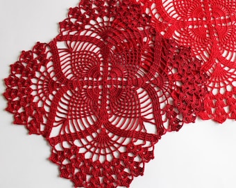 Crochet square pineapple doily, red placemat, Valentine table center, Ready to ship