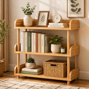 May include: A three-tier light wood bookshelf with rounded side panels. The top shelf holds a white vase with greenery, a framed picture, a clock, and two books. The middle shelf contains several books and a potted plant. The bottom shelf holds a potted succulent, two stacked books, and a woven basket.