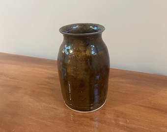 Vintage Hand-Thrown Southern Stoneware Vase, Tobacco Spit Glaze, Primitive Folk Art Pottery
