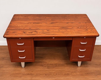 Vintage 1960s Statesman Metalstand Tanker Desk MCM Industrial Steel Solid Wood Top
