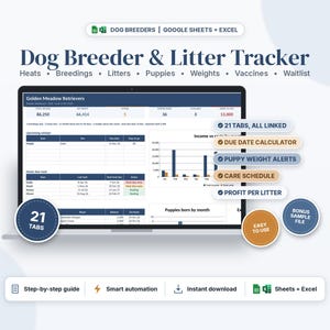 May include: A digital Dog Breeder & Litter Tracker for Google Sheets and Excel displayed on a laptop screen. The interface shows data tables, charts, and lists for heats, breedings, litters, puppies, weights, vaccines, and waitlists with 21 tabs.