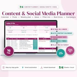 May include: A digital content and social media planner for Google Sheets and Excel displayed on a laptop screen. The interface features a dashboard with metrics, a post schedule, and circular badges highlighting 16 linked tabs, auto content calendar, engagement rate, best days and times, pillar mix, and a bonus sample file.