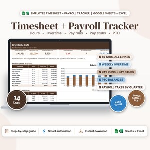 Op de afbeelding: Een digitaal urenregistratie- en loonadministratiesjabloon voor Google Sheets en Excel weergegeven op een laptopscherm. De interface toont werknemersuren, overuren, loonstroken en verlofsaldi met diverse labels en iconen.