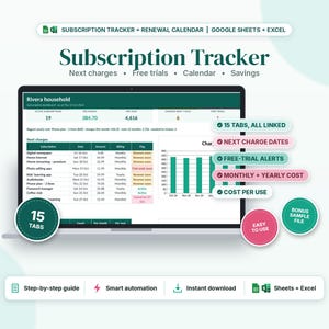 Planilha de controle de assinaturas, calendário de renovações e controle de períodos de teste gratuitos com custo por uso, Google Sheets e Excel (download digital)