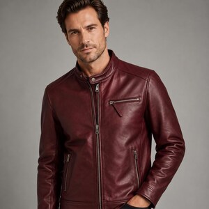 Men’s Burgundy Genuine Leather Jacket, Oxblood Café Racer Biker Style, Snap Collar, Zip Pockets, Custom Fit Gift for Him