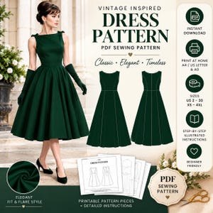 Puede incluir: Un patrón de costura PDF para vestido de inspiración vintage, que muestra un vestido verde oscuro sin mangas con corpiño ajustado y falda acampanada. Incluye texto: VINTAGE INSPIRED DRESS PATTERN, PDF SEWING PATTERN, Classic, Elegant, Timeless.