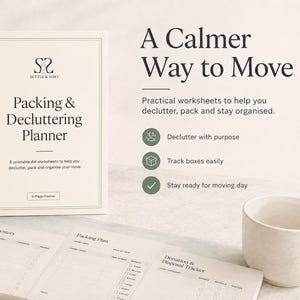 May include: A Packing & Decluttering Planner with a cream cover featuring the text Settle & Sort. The planner includes 8 printable A4 worksheets for moving, with sections for box inventory, packing plans, and donation tracking, plus a pen and cup.