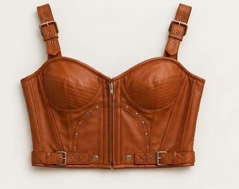 Bruine leren korsettop, bikerbustier crop top voor dames, tailleband in motorstijl, verstelbare gespbandjes, gothic western festivaloutfit