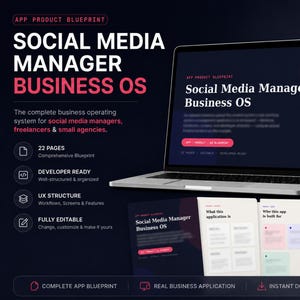 May include: A digital Social Media Manager Business OS template displayed on a laptop, tablet, and smartphone screen, featuring a dark background with white and pink text, including 22 pages, developer-ready structures, and fully editable Canva files.
