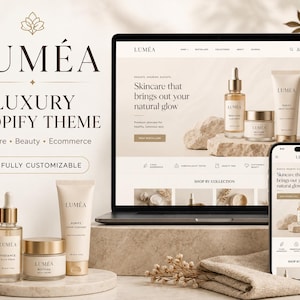 Puede incluir: Una pantalla digital del tema Shopify Luméa con un portátil y un smartphone que muestran un sitio web de cuidado de la piel. La pantalla muestra imágenes de productos de suero, crema y limpiador con el texto Skincare that brings out your natural glow.