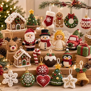 May include: A collection of crocheted Christmas ornaments including a gingerbread house, Santa Claus, snowman, angel, reindeer, penguin, candy cane, Christmas tree, wreath, stocking, snowflake, star, bell, heart, and gift box on wooden blocks.