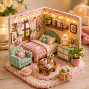 Op de afbeelding: Een miniatuur slaapkamerdiorama gemaakt van haakwerk, met een bed met een roze bloemendeken, een groene fauteuil, een ronde tafel in houtstijl en een nachtkastje met een lamp. De kamer bevat wanddecoratie, een raam met gordijnen en lichtjes.