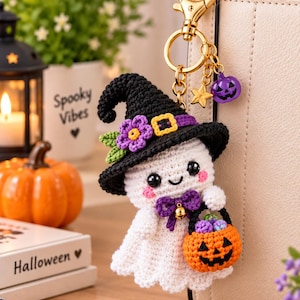 Halloween Bag Charm Crochet Pattern PDF | Cute Ghost Witch Pumpkin Amigurumi Keychain | Intermediate | 15-17cm S/M/L Sizes