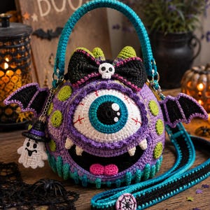 Puede incluir: Un bolso redondo de ganchillo morado con un gran ojo central de iris azul, pupilas negras y venas rojas. El bolso tiene alas de murciélago negras, un lazo negro con una calavera, un pequeño fantasma y un asa de color turquesa con correa.