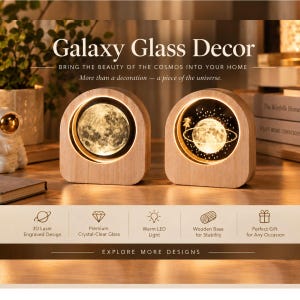 May include: Two arched wooden lamps featuring internal glass spheres with 3D laser-engraved celestial designs. The left lamp displays a detailed moon, while the right lamp shows a planet with rings and stars. Both emit a warm LED light glow.