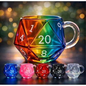 May include: A large, multi-coloured, rainbow-gradient mug shaped like a twenty-sided die with white numbers, including a prominent 20. Below it are five smaller mugs in blue, pink, red, black, and clear, each featuring the same die design.