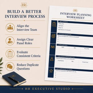 Può includere: Un foglio di lavoro per la pianificazione dei colloqui con intestazioni blu scuro e icone dorate, che include sezioni per panoramica del ruolo, obiettivi, commissione, responsabilità e competenze. Un taccuino blu scuro con penna è accanto.