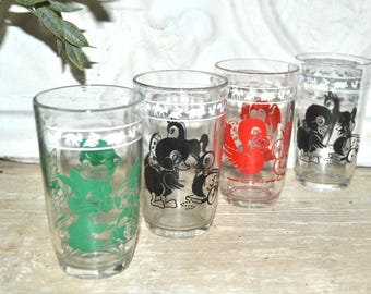Swanky Swig Glass Set of 4 Kiddie Kup Juice Glasses Rooster Dog Glass