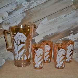 Jeannette Marigold Pitcher and Glass Set of 5 Iridescent Carnival