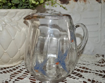Hand Painted Blue Bird Pitcher with Gold Trim